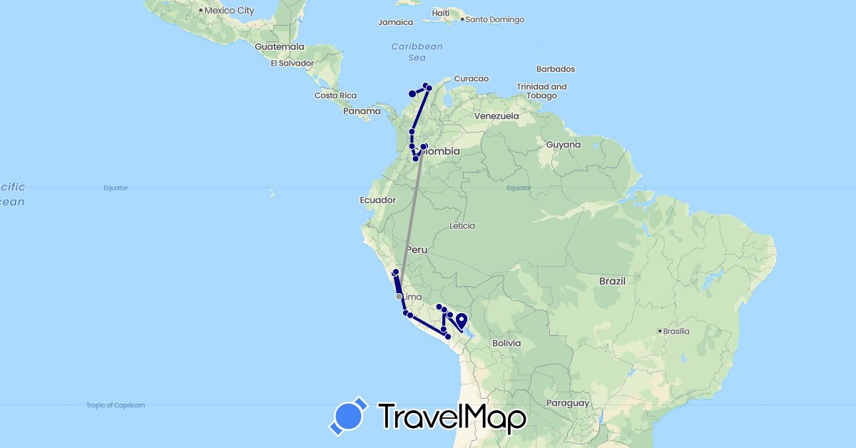 TravelMap itinerary: driving, plane in Colombia, Peru (South America)